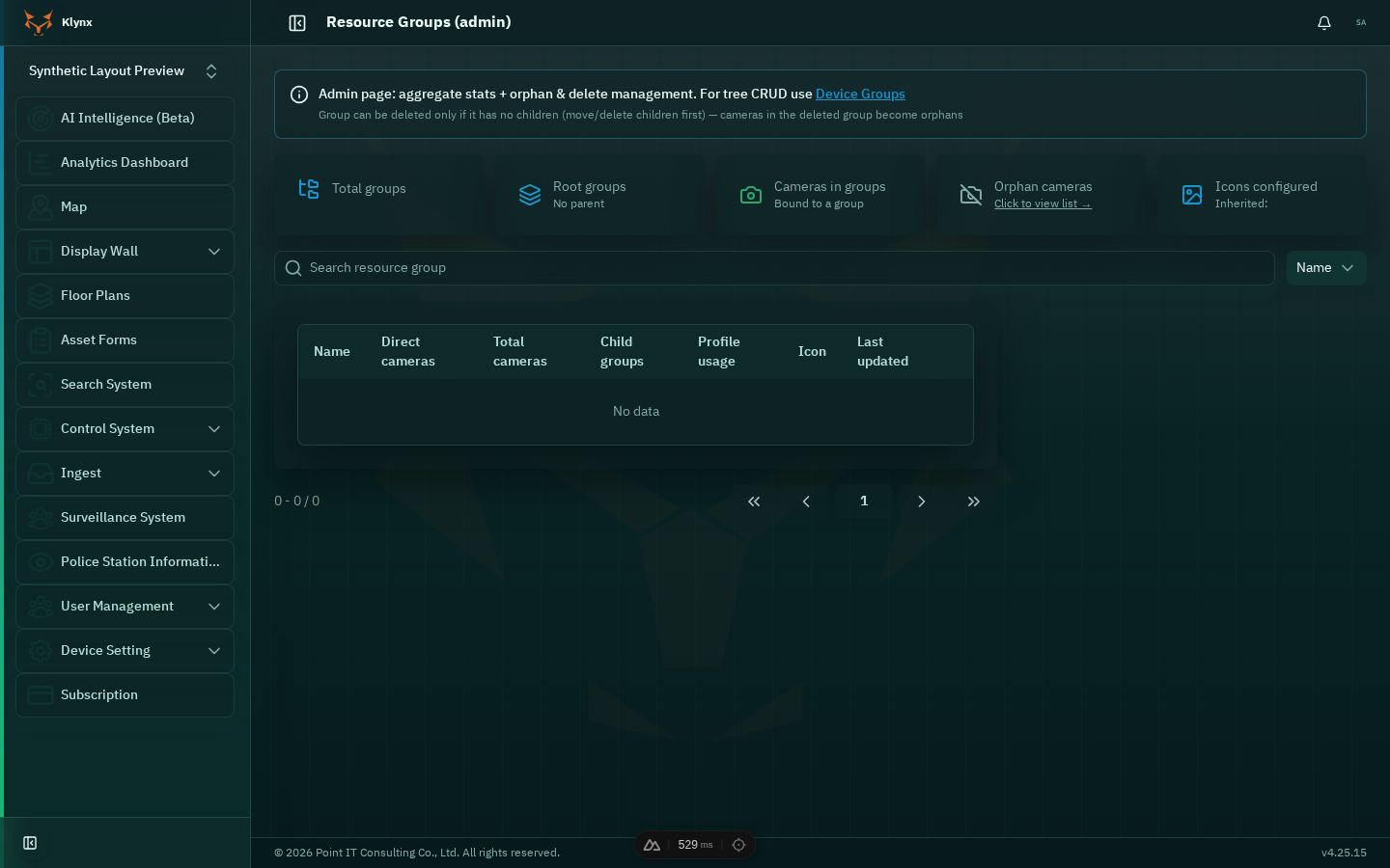 หน้าจอ Resource Groups (admin) ของ Klynx